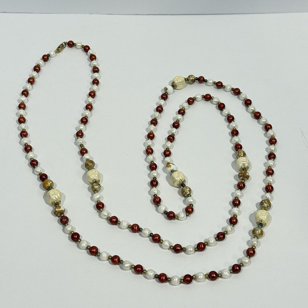 Vintage CORO Signed Faux Pearl Beaded Long Layering Necklace Cream Brown Gold - Picture 9 of 16